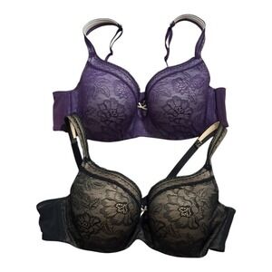 Cacique Lightly Lined Balconette Bras Purple & Black 42C Lace Floral Set